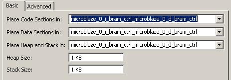 16. Use the drop-down list to select the internal BRAM memory, microblaze_0_i_bram_ctrl_microblaze_0_d_bram_ctrl, for all the code sections. Click Generate then Yes.