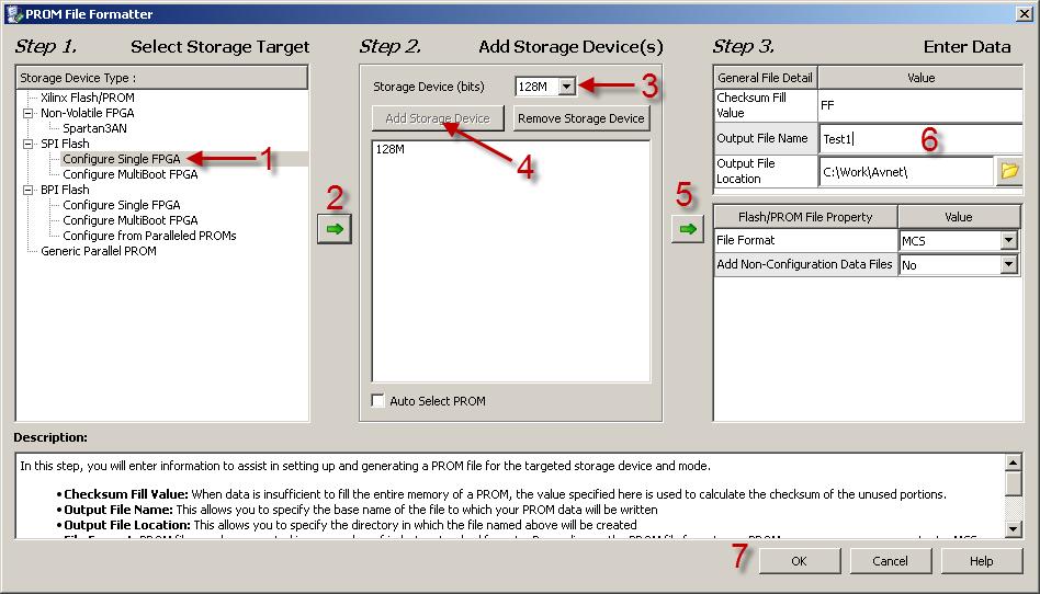 7. Step through the File Formatter Wizard: 1. Under SPI Flash, select Configure Single FPGA 2. Click left most green arrow box to continue. 3. In the Storage Device (bits) pull-down, select 128M. 4.