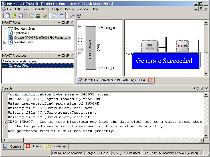 10. When returned to the impact window, double-click Generate File. A pop-up window will appear stating Generate Succeeded. Figure 52 Successful PROM File Generation 11.