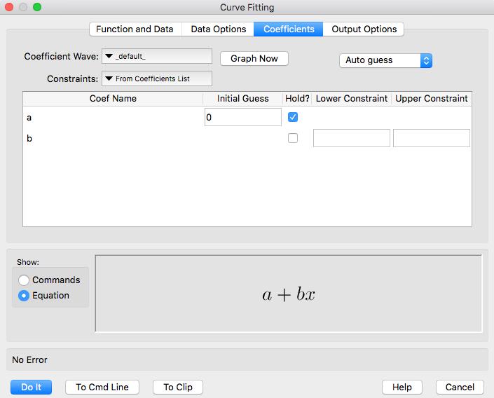 Select the Coefficients tab. Each of the coefficients has a row in the Coefficients list: Chapter III-8 Curve Fitting Click the checkbox in the column labeled Hold?