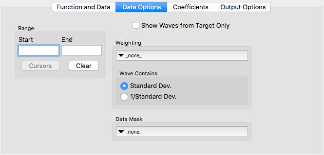 Data Options Tab Range: Enter point numbers for starting and ending points when fitting to a subset of the Y data.