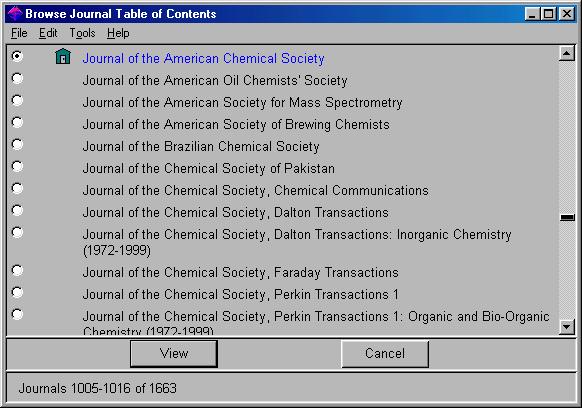 Chapter 9 Browse Journal Table of Contents 9-3 When the title string is found, that title is listed first in the Browse Journal Table of Contents dialog box and is highlighted.