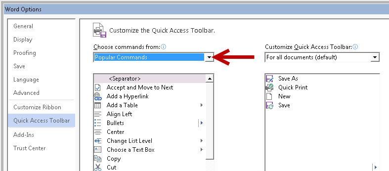 3. The Word Options Customize the Quick Access Toolbar window will