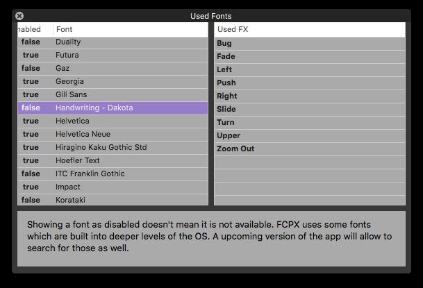 Reviewing used fonts option. During the import of the XML file the app also searches for fonts. They are listed by Found and Name.