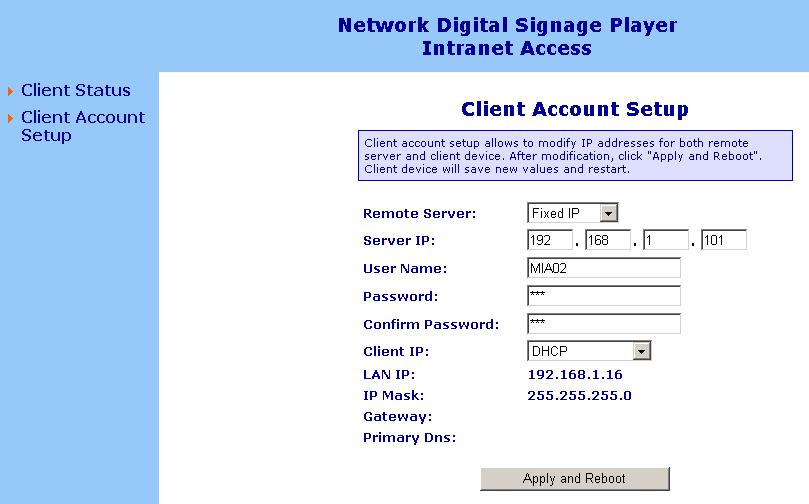 will display Client Account