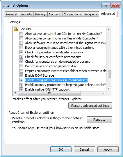 Additionally, make sure that Enable Integrated Windows Authentication is enabled ( Tools > Internet Options > Advanced tab > Security setting). 3.
