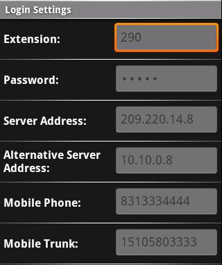 Configure the settings: Extension Number Password Server Address: