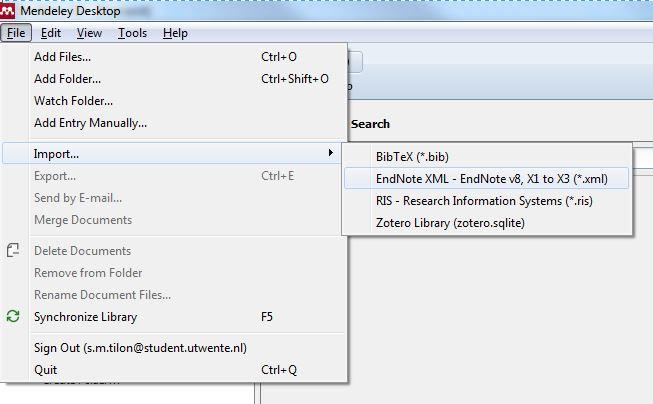 Go to Mendeley: 1. Go to: File, import, Endnote OR RIS 2.