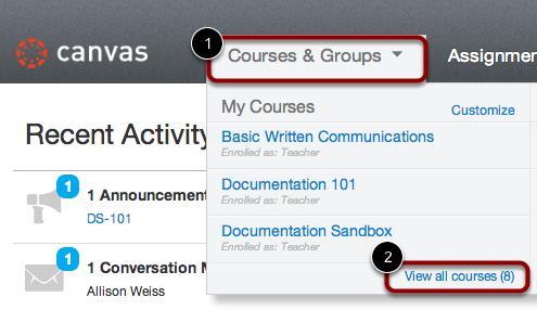 At the bottom of the drop-down menu, click the View all courses link [2]. Note: You can customize your courses that appear in the dropdown menu.