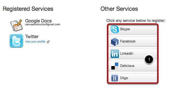 Linking to Other Services If you want to be contacted through Facebook or Twitter, you will need to link to those services. Register the external service by clicking the [ServiceName] button [1].