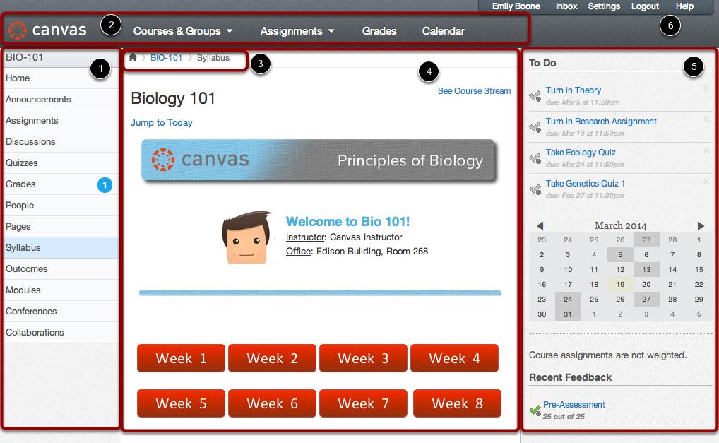 Canvas Course Navigation Overview There are six main sections in a Canvas course: 1.