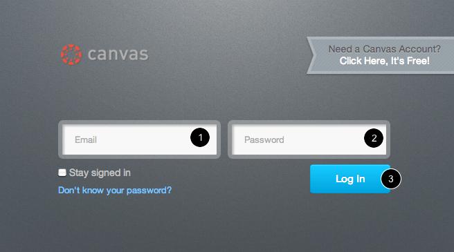 Log in to Canvas The Canvas log in screen requires your email address [1] and password [2]. Click the Log In button [3].