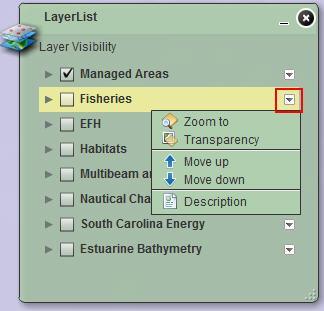 If the item of the layer list is a map service, there will will a small box with a down arrow.
