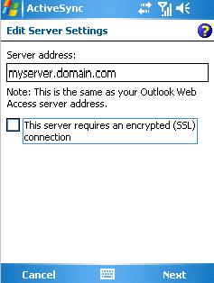 Open ActiveSync and select set up your device to sync with it. ActiveSync introduction 2. Type the server address (without http or other URL parts). Server address 3.