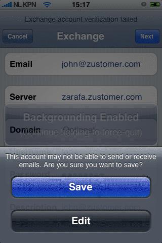 Touch Save in order to keep the current account settings.