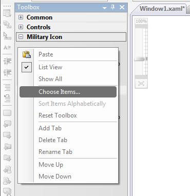 4. After naming the tab, right click in the tab and select Choose Items to bring up the Choose Toolbox Items dialog.