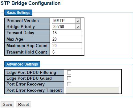 Spanning Tree Bridge Settings 3.1.7. Configuration Spanning Tree 3.1.7.1. Spanning Tree Bridge Settings This page allows you to configure STP system settings.