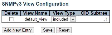 Security Switch SNMP Views 3.1.4.7.5. Security Switch SNMP Views Configure SNMPv3 view table on this page. The entry index keys are View Name and OID Subtree. Delete Check to delete the entry.