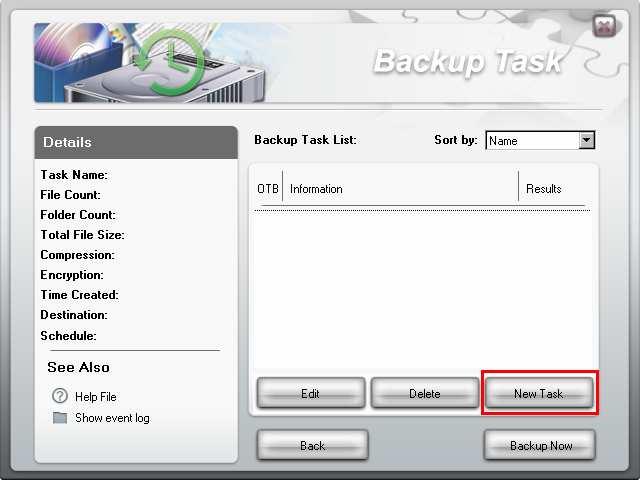 Enter a name for the Backup Task and a description of what the task does, then select additional backup options