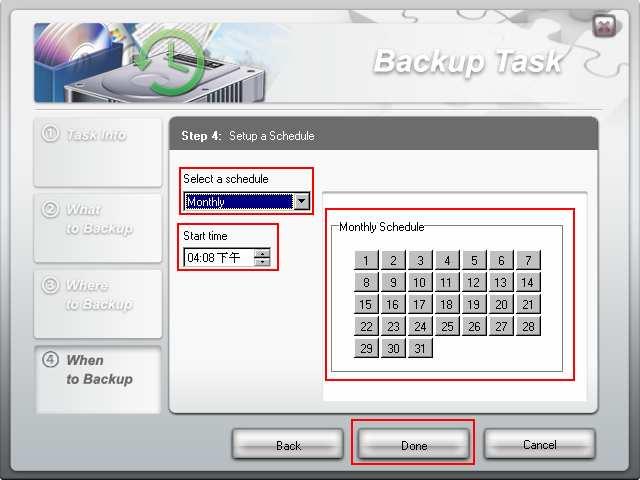 7. In this step, you are given the option to set a reoccurring schedule for your Backup Task, which is useful to make sure your data is always synchronized and up-to-date.