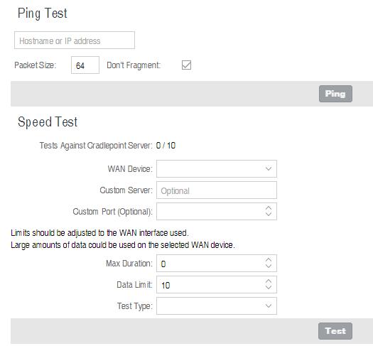 Speed Test Tests Against Cradlepoint Server - Up to ten speed tests are permitted against a Cradlepoint server. WAN Device - The WAN Device that is selected will have the test run on it.