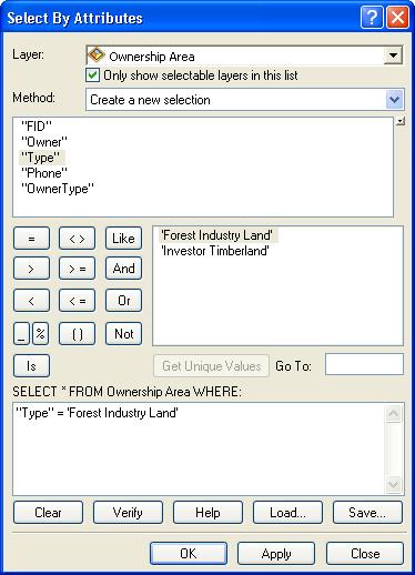 a. In ArcMap, drag the Ownership Area shapefile to your table of contents. b. From the menu, click Selection and Select by Attributes. c. Use the Query Builder to select Forest Industry Land features.