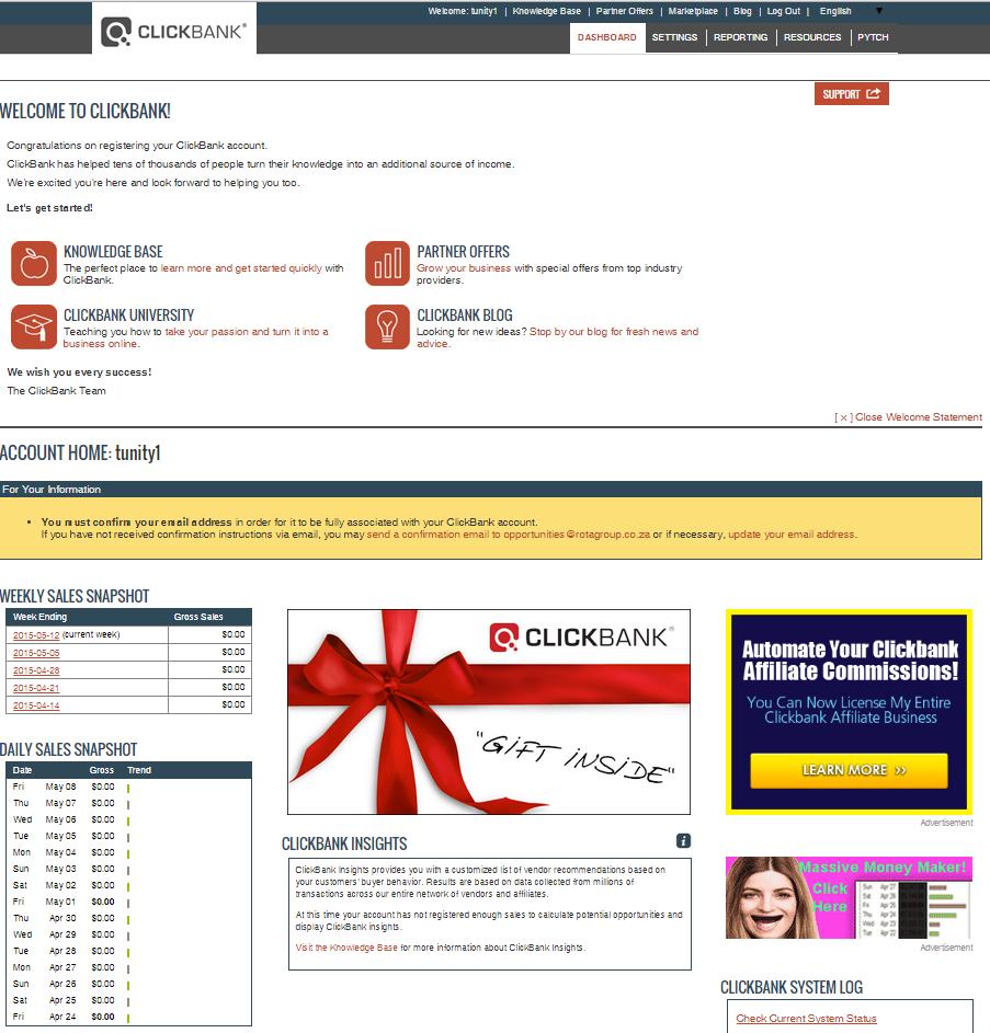 Your ClickBank Main Account Page: A B C D E Your ClickBank Account Features After you have clicked on "Login" you will be brought to your ClickBank account home page shown above. A. Account Home (Dashboard) This is the page you will be on when you first log into your ClickBank account.