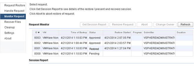 Chapter 19: Recovery 1. In the HPE Data Protector Granular Recovery Extension for VMware vsphere Web Client, click the Handle Request tab. The Restore / Present Requests page is displayed. 2.
