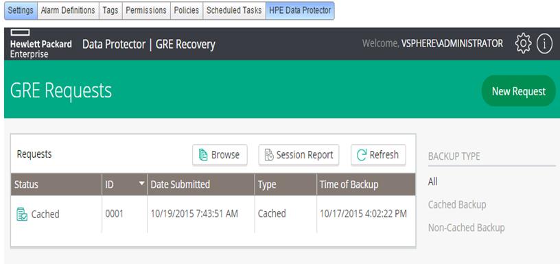 Chapter 19: Recovery Advanced GRE Web Plug-in - GRE Requests page 1. The Status, ID, Date Submitted, Type, and Time of Backup information is available for each of the requests.