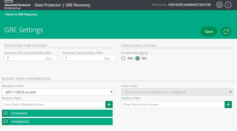 Chapter 19: Recovery 1. In the HPE Data Protector Granular Recovery Extension for VMware vsphere Web Client, click the Tools icon. 2. Click GRE Settings. The GRE Settings page is displayed.