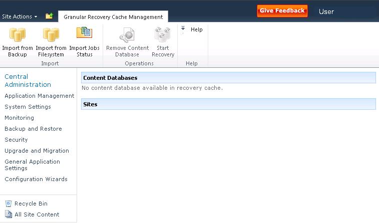 Chapter 5: Recovery Recovery Cache Management (empty) " Recovery Cache Management with a content database mounted " below shows available functionality of the Recovery Cache Management when a content