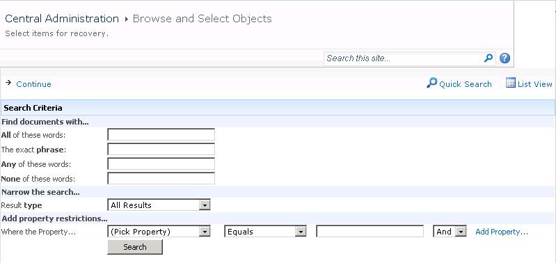 Chapter 5: Recovery Selecting site items Note: All items can be previewed by clicking on the item name.