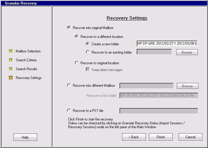 Specify the target recovery location: an existing Exchange Server mailbox or the name of the PST file to be created during recovery.