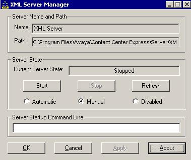 Configuration 19 Start XML Server 1 Click the [Start] button on the Windows Taskbar and select Programs > Avaya Contact Center Express > Server > XML Server > XML Server Manager from the pop-up menu.