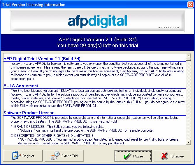 AFP Digital Installation Guide Page 21 Registering the AFP Digital Software For server/workstation configurations, a license is needed for each computer that will run the AFP Digital application on