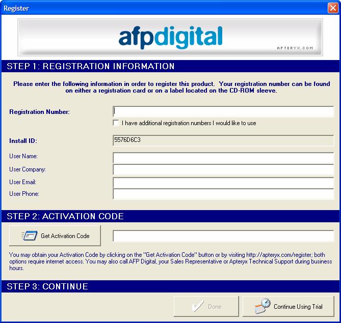 AFP Digital Installation Guide Page 22 3. Enter the Registration Number that was included with the installation CD.
