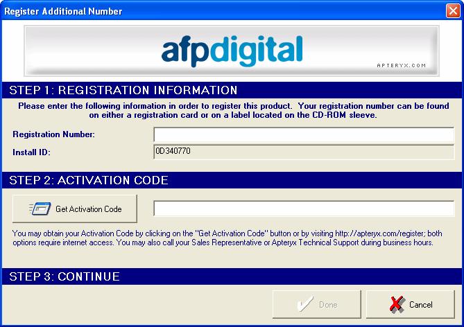 AFP Digital Installation Guide Page 23 7. Enter the Registration Number and select Get Activation Code. 8.