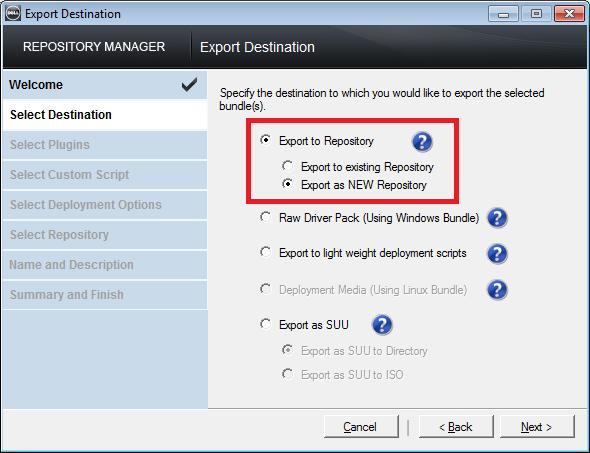 Select whether to export to a new or existing repository. 5.