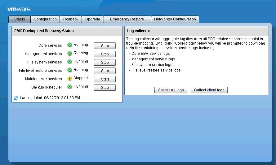 Figure 14 EMC Backup and Recovery Configure window after registration Status tab The Status tab lists all of the services required by EMC Backup and Recovery and the current status of each service.