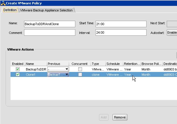 To enable and mark actions to run concurrently with their preceding actions, open the Create VMware Policy or Edit VMware Protection Policy window, and then select the appropriate checkboxes under