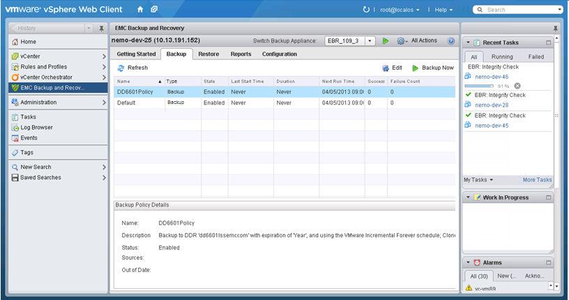 Figure 33 Backup policies in the EMC Backup and Recovery user interface About the Restore Tab About the Reports Tab The Restore tab displays a list of VMs that you backed up by using the VMware