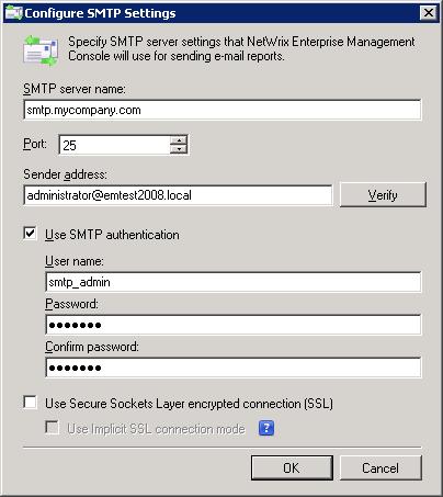 E-Mail Settings These settings contain the SMTP information that the Management Console uses to send e-mail reports to specified recipients (see Step 6 of the procedure in Adding New Managed Object).