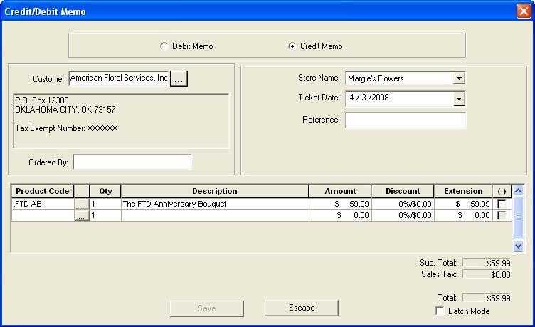 18 18 Chapter 18 Figure 18-15: Creating a Credit Memo Following are the settings in the Credit/Debit Memo window.