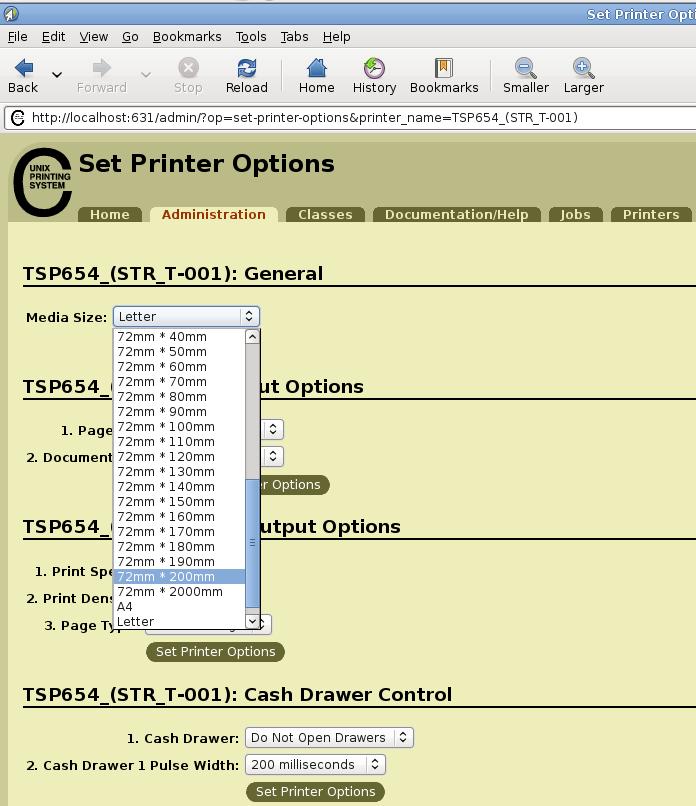 4) Select 72 * 200mm for the Media Size, and then click on Set Printer Options. If prompted for a password, type in root as the username and root password that has been set on the computer.