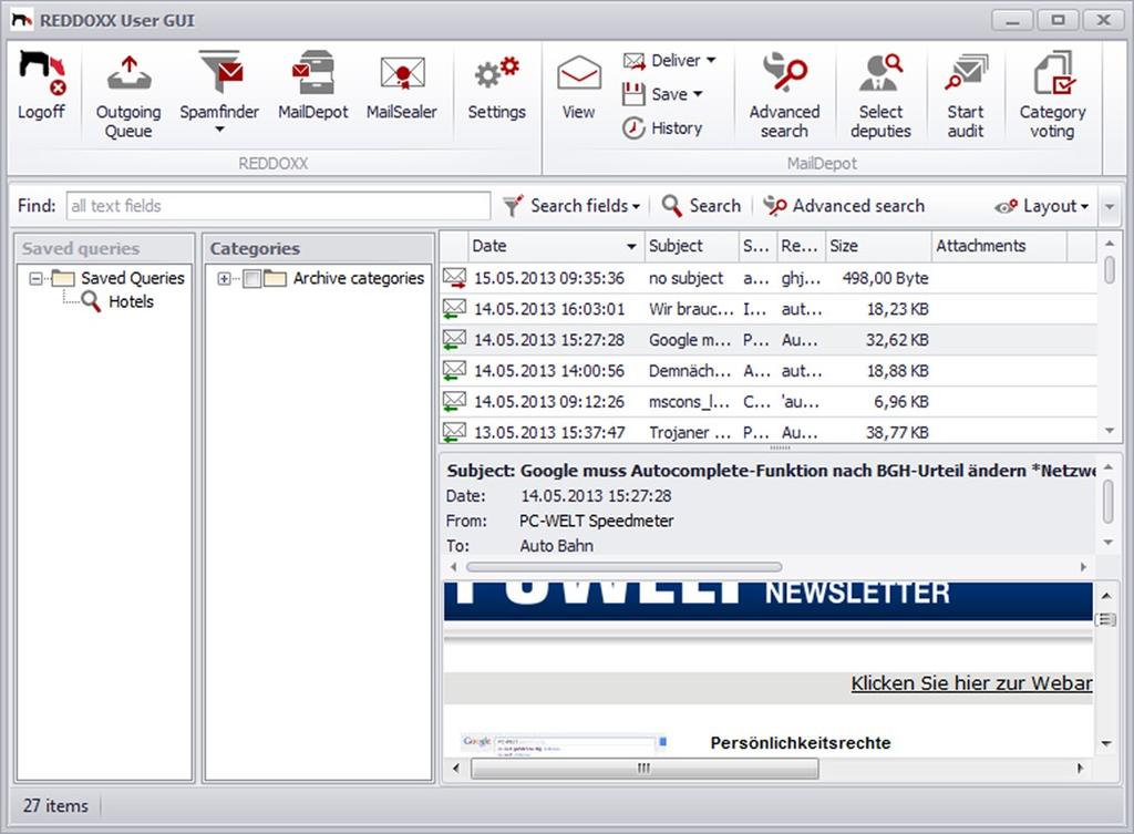 3.4 Archive 2.0 All mails which are received or sent through the REDDOXX Appliance are saved to the archive, and also those mails which meet the policies defined by the REDDOXX administrator.