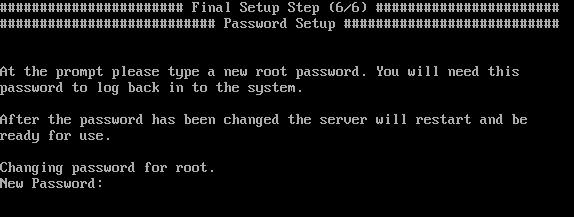 For the final step, you are asked to set the root password for the system. This is the administrator password which will be required to log in to the system via ssh or through the console.