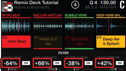 Using Your S8 Getting Advanced Using Performance Modes on Remix Decks 2. Turn a Performance knob clockwise to apply hi-pass filtering to the playing Sample.