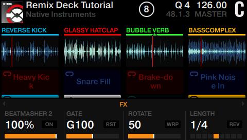 Using Your S8 Getting Advanced Using Performance Modes on Remix Decks 6. Touch a Performance knob to enlarge the FX parameters overview in the display. You can now see the newly assigned FX. 3.9.5.