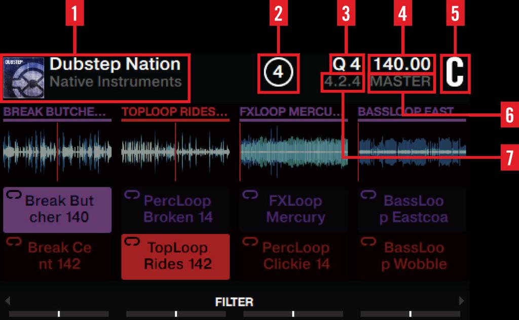 Hardware Reference The Deck Remix Deck View A Remix Deck view on S8 provides information about: (1) Artwork graphic, Set title and Artist name. (2) Loop size: from 1/32-32 beats. (3) Quantize Value.