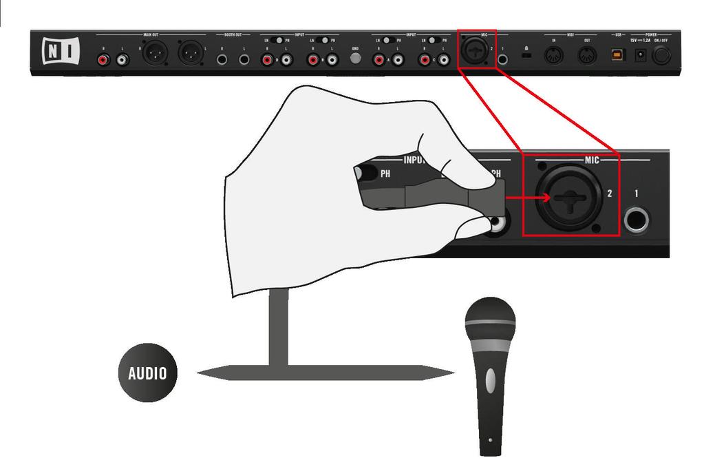 Common Setups Connecting Microphones The FILTER and EQ band knobs (HI, MID, LOW) are in center position.